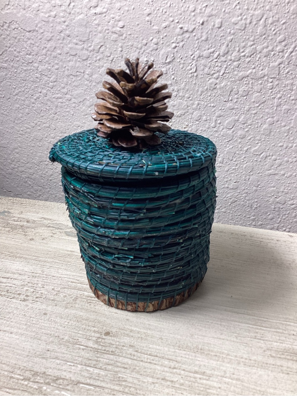 Handwoven Teal pineneedle Storage Jar with Lid